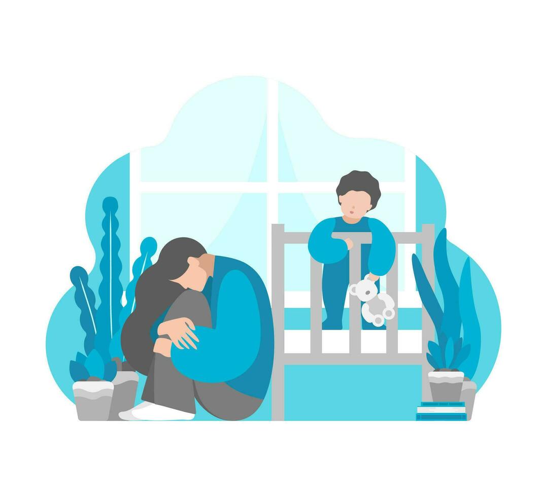 Vector flat concept. Tired mother sits and hug knees feeling difficulties to keep maternal mental health. Baby stays in bed. Postpartum depression, emotional stress and anxiety in isolation at home