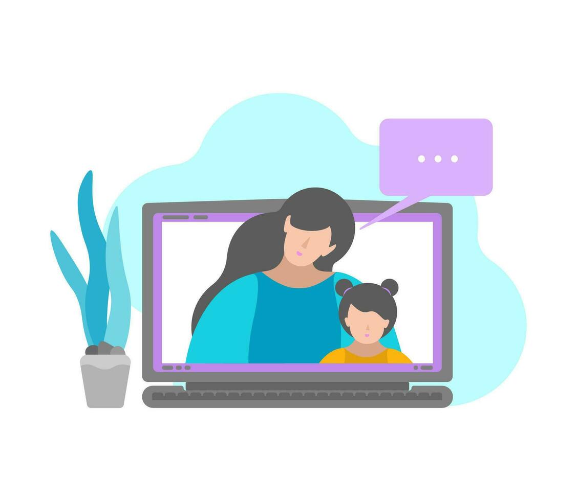 Vector isolated illustration in flat style. Mother and daughter are talking by video call using laptop. Online education with class or communication with family in quarantine time. White background