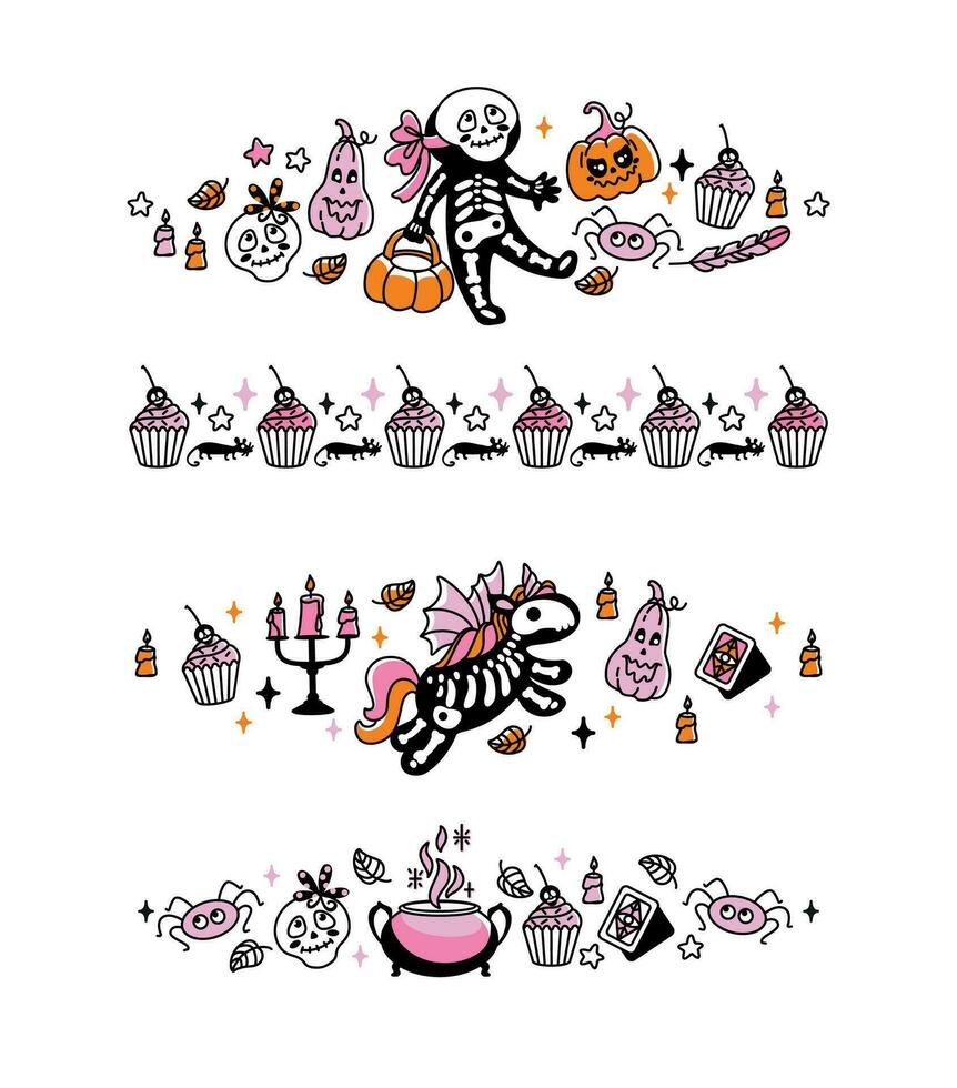 Cute frame with Halloween characters and other holiday attributes. Vector illustrations for frame, stickers and decorative tapes. Scrapbooking.