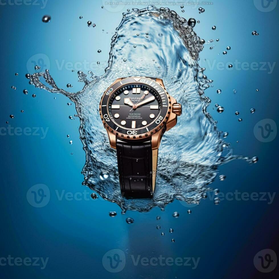 Waterproof luxury mens watch underwater in the ocean or sea commercial concept, bespoke water resistant design, generative ai photo