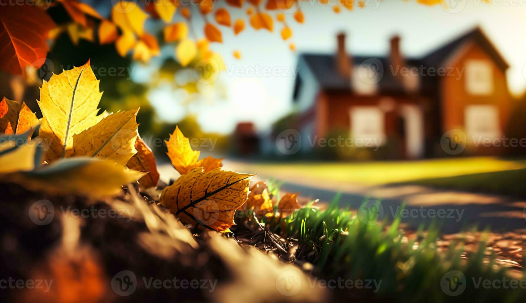 resumen otoño escena y Inglés país estilo casa pueblo en fondo, hermosa campo naturaleza con otoñal hojas y Bokeh, generativo ai foto