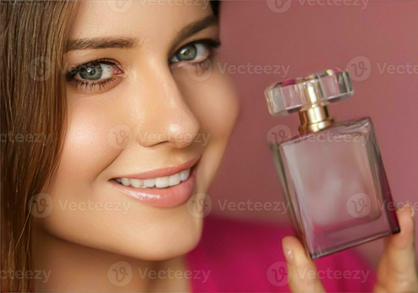 Perfume, beauty product and cosmetics model face portrait on pink background, beautiful woman holding fragrance bottle with floral feminine scent, fashion and makeup photo