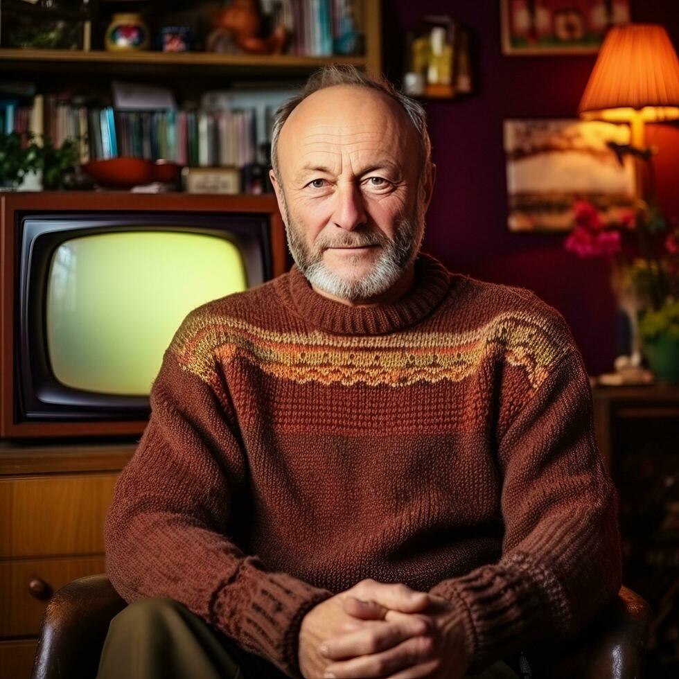 Elderly man watching retro tv photo