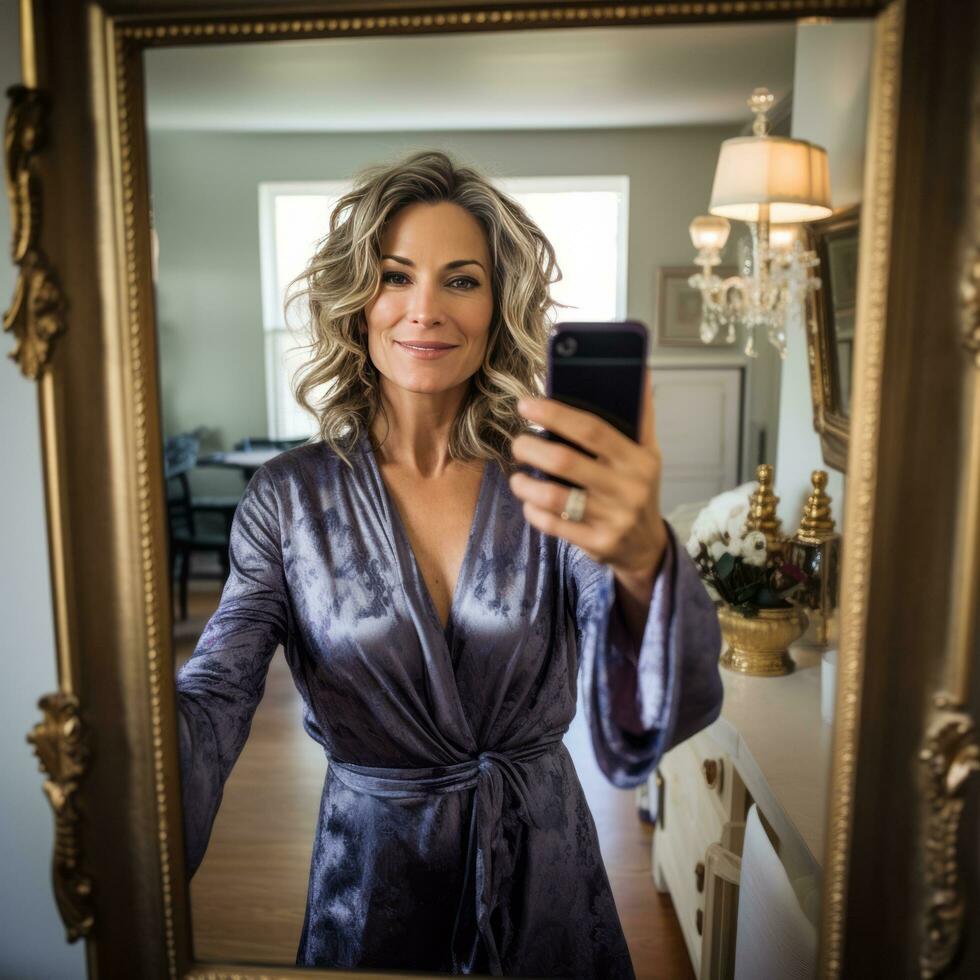 Middle-aged woman taking selfie photo