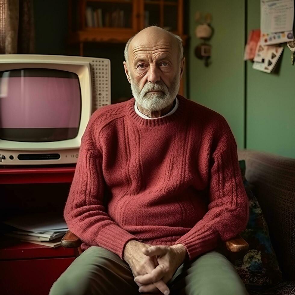 Elderly man watching retro tv photo