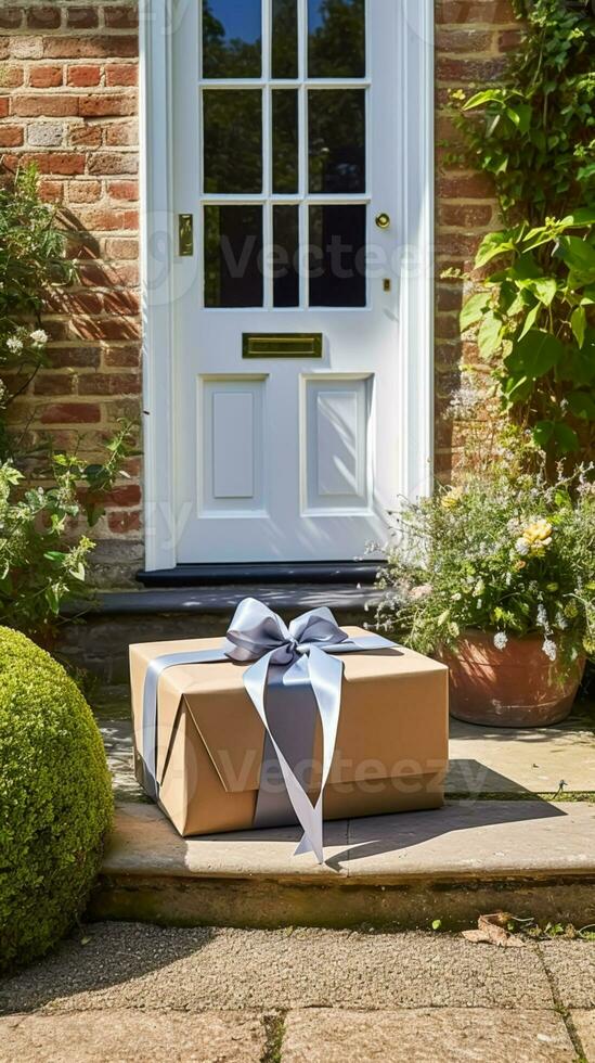 elegante regalo tienda entrega, postal Servicio y lujo en línea compras, paquete o empaquetar caja con un arco en un casa peldaño en el campo, generativo ai foto