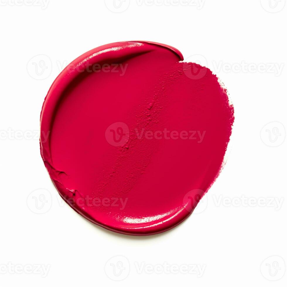 Beauty swatch and cosmetic texture, circle round red lipstick sample isolated on white background, paraffin wax sealing stamp, generative ai photo