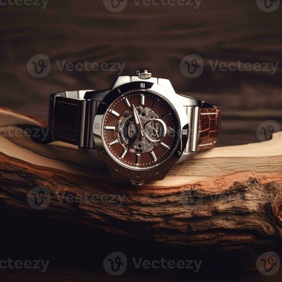 Luxury mens watch commercial concept prototype, bespoke design on dark wood background, generative ai photo