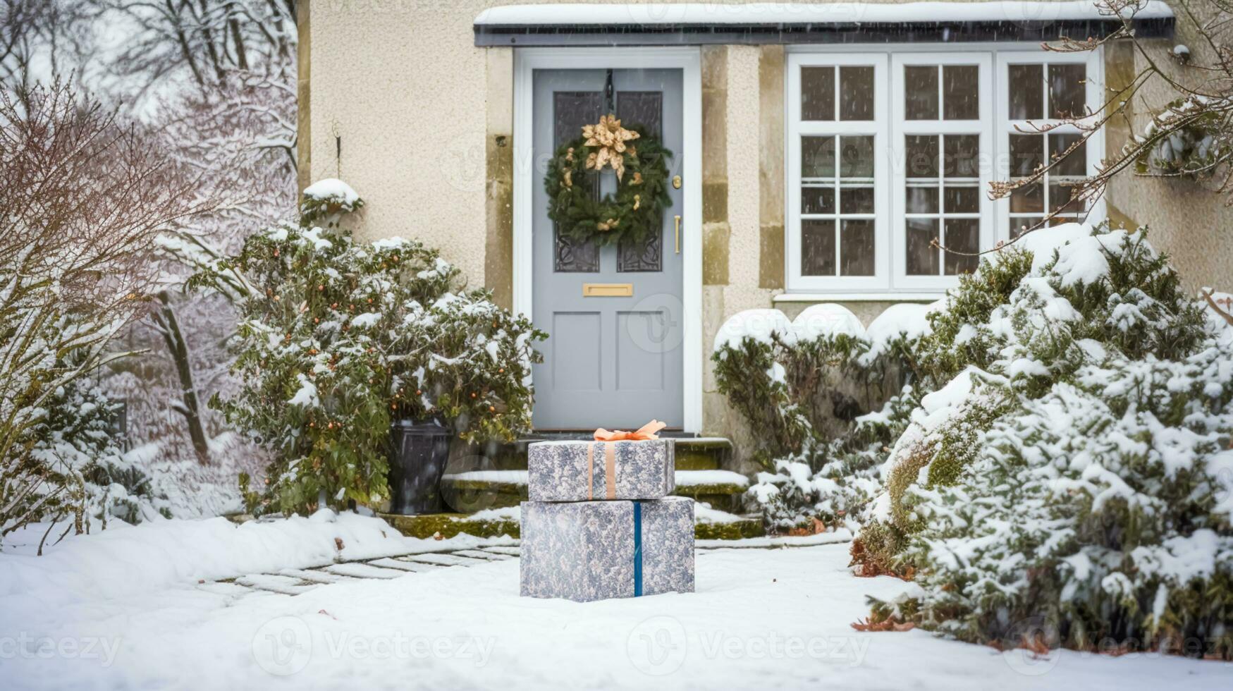 Christmas gifts delivery, postal service and holiday presents online shopping, wrapped parcel boxes on a country house doorstep in a snowing winter, generative ai photo