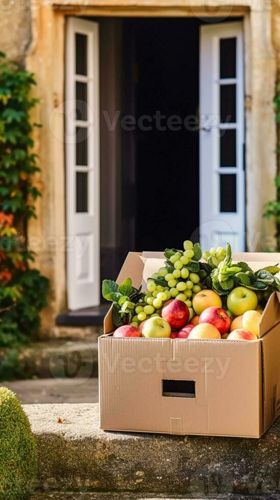 Food delivery, postal service and online grocery shopping, fruit box with fresh organic fruits from a local farm on a house doorstep in the countryside, generative ai photo
