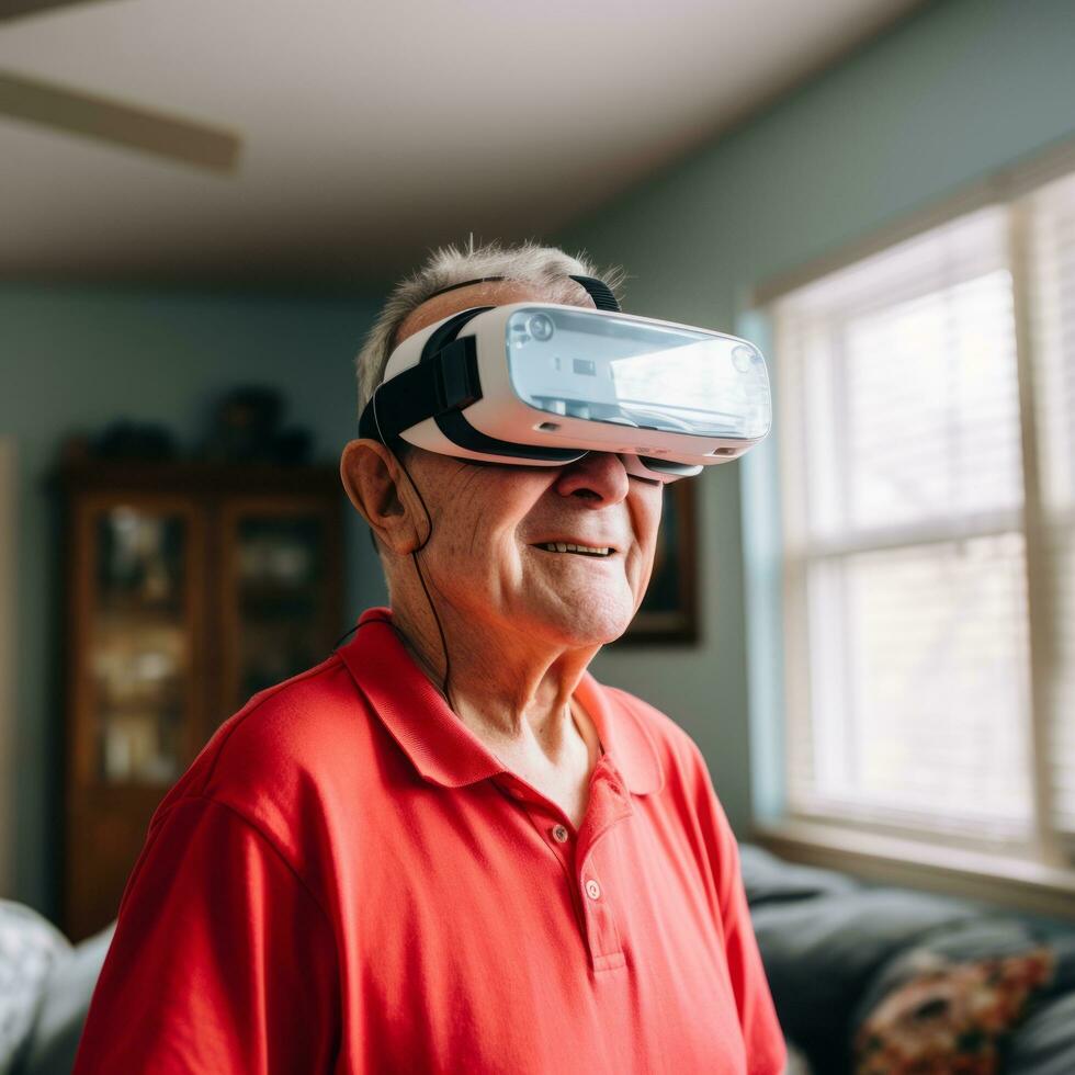 Elderly man using ar glasses photo