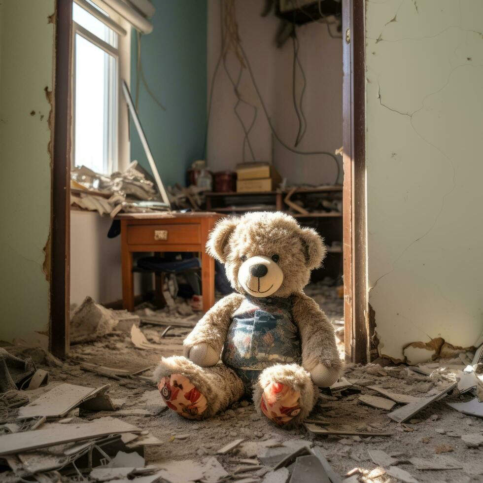 Devastated room teddy bear survives photo