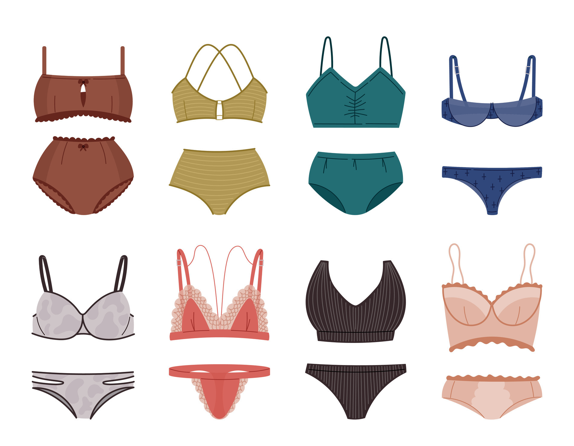 Set of women sexy underwear. Collection of Cartoon feminine bra and  panties, two-piece bikini swimsuit. Vector isolated flat illustration  29314575 Vector Art at Vecteezy