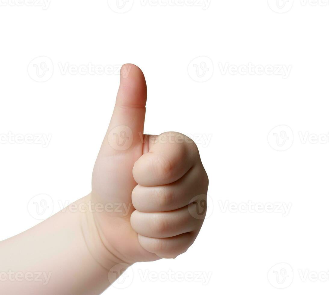 Baby hand thumbs up, Approval thumbs up like sign, caucasian child hand gesture, generative ai photo