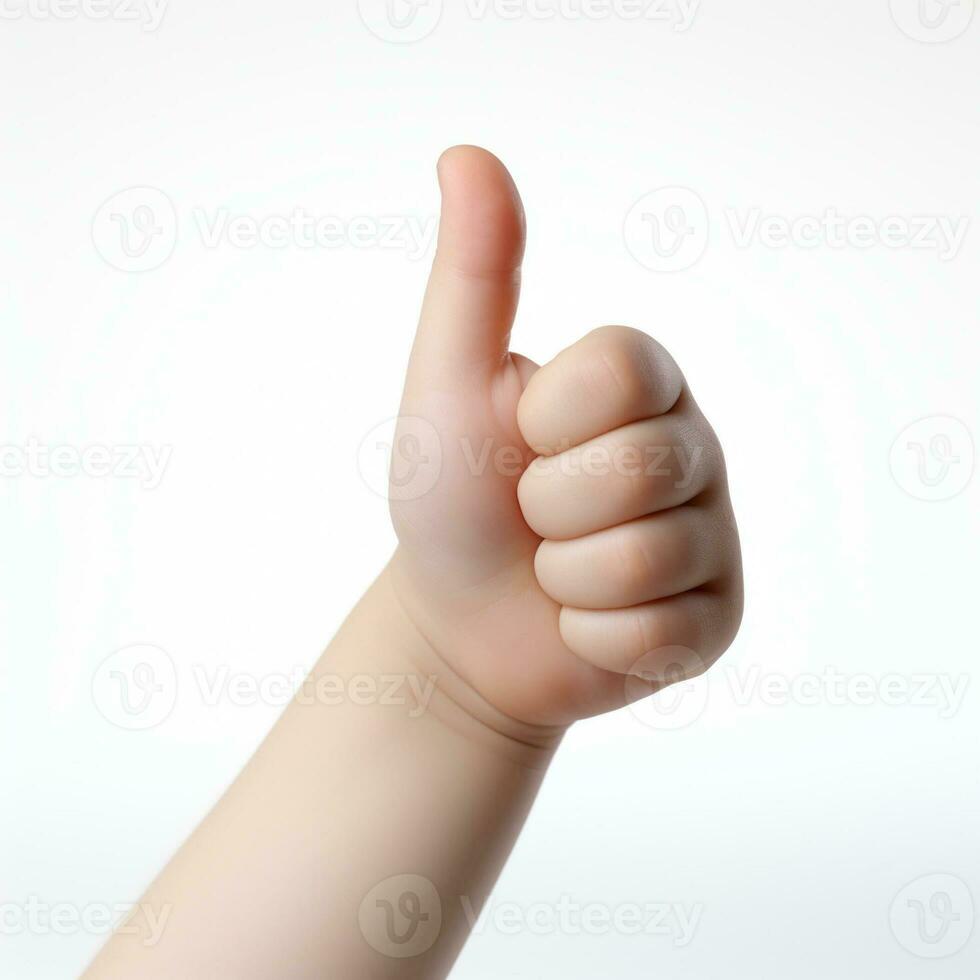 Baby hand thumbs up, Approval thumbs up like sign, caucasian child hand gesture, generative ai photo