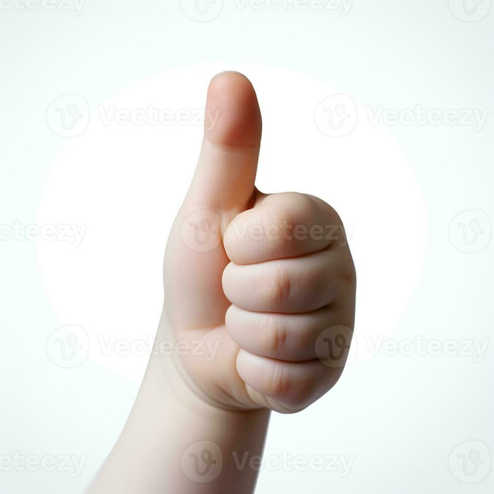 Baby hand thumbs up, Approval thumbs up like sign, caucasian child hand gesture, generative ai photo