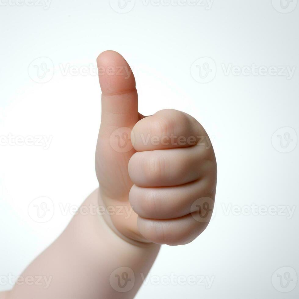 Baby hand thumbs up, Approval thumbs up like sign, caucasian child hand gesture, generative ai photo