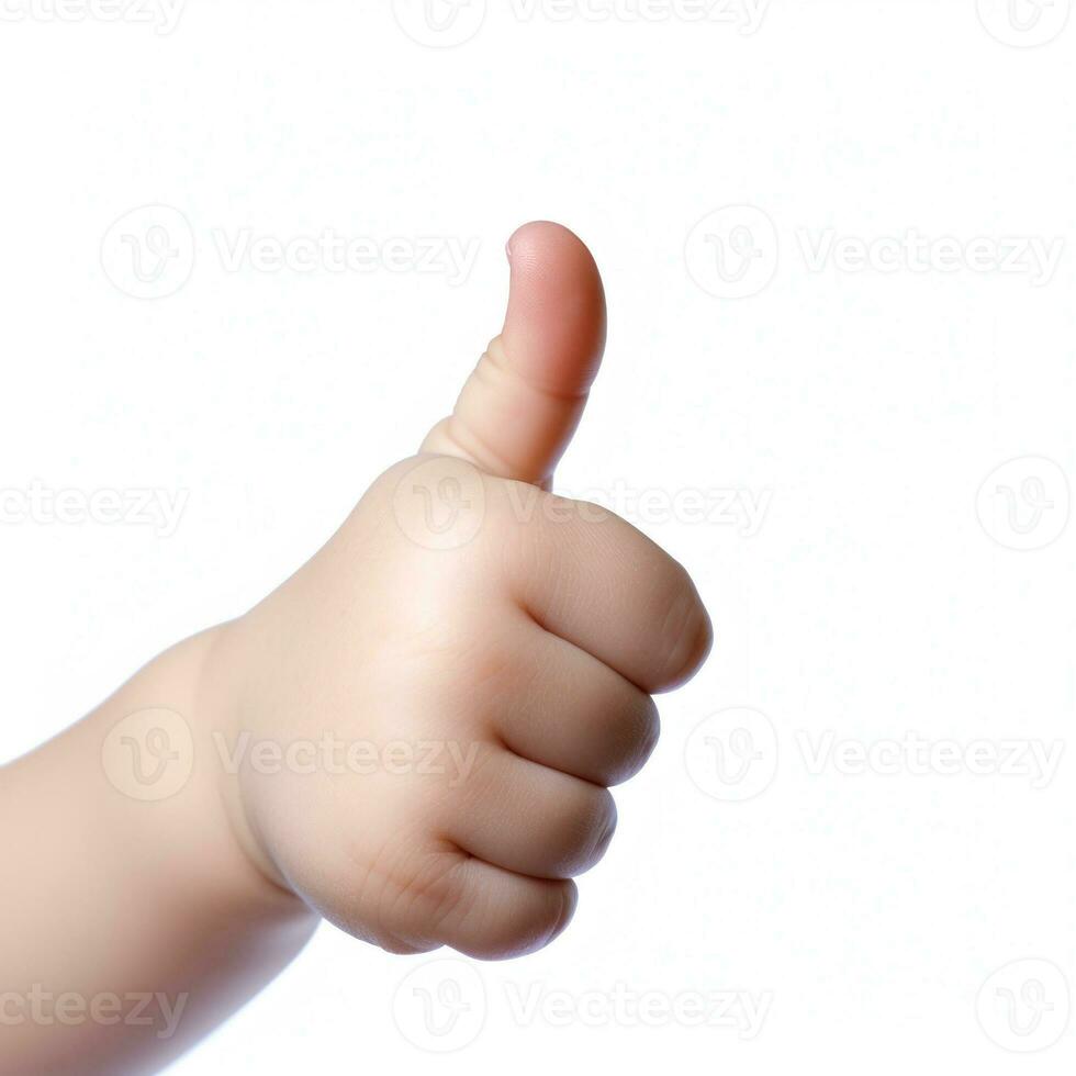 Baby hand thumbs up, Approval thumbs up like sign, caucasian child hand gesture, generative ai photo