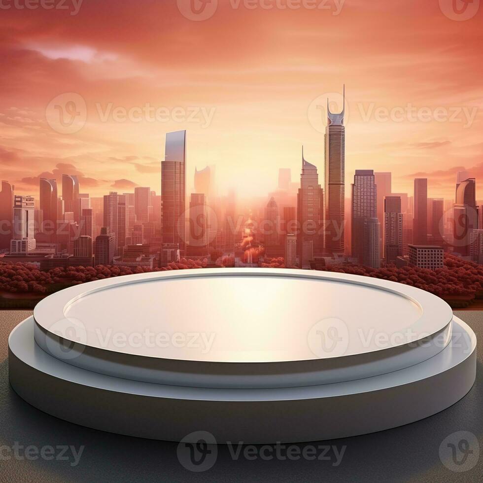 Empty trendy round podium against landscape background. Generative AI photo