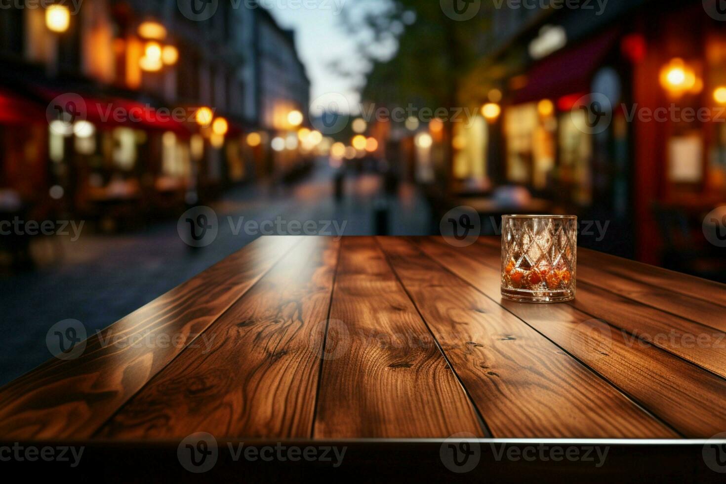 Unoccupied wood table against caf blur AI Generated photo