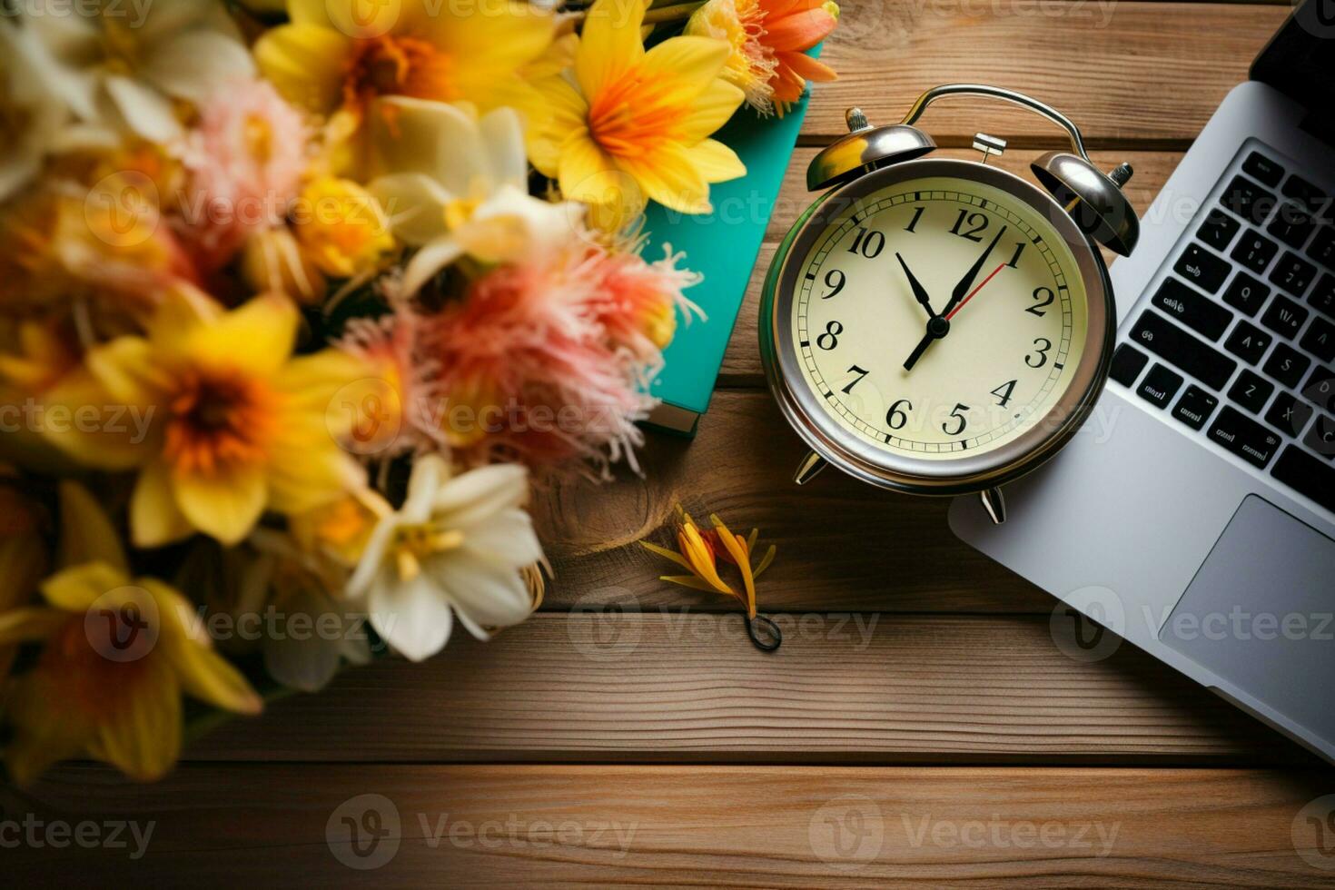 Harmonious arrangement Laptop, book, flower, alarm clock atop wooden backdrop in top view. AI Generated photo