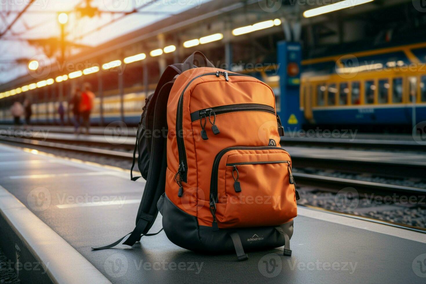viajeros anticipación con mochila, ellos esperar su tren a el estación ai generado foto