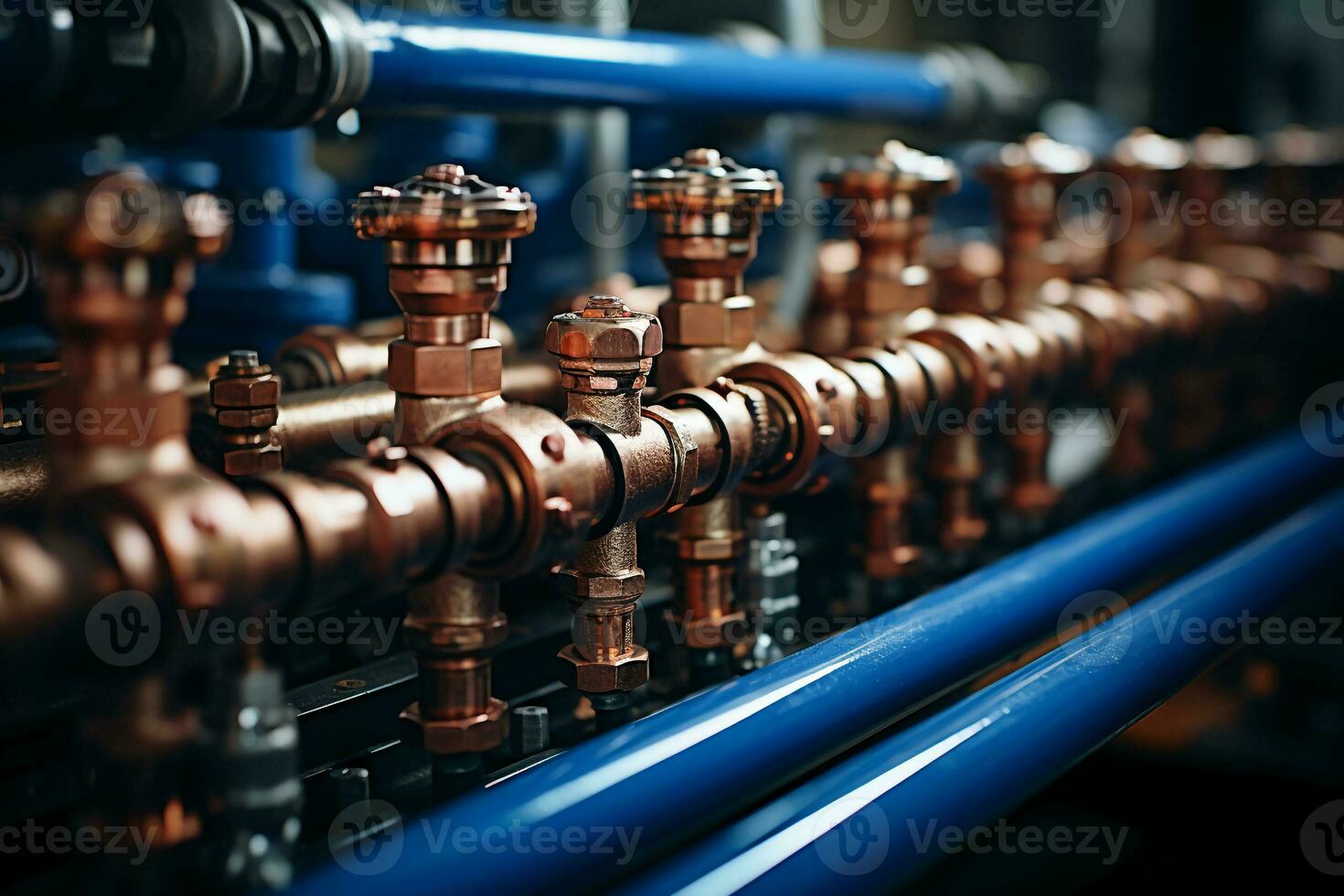 Plumbing service. copper pipeline of a heating system in boiler room. AI generative photo