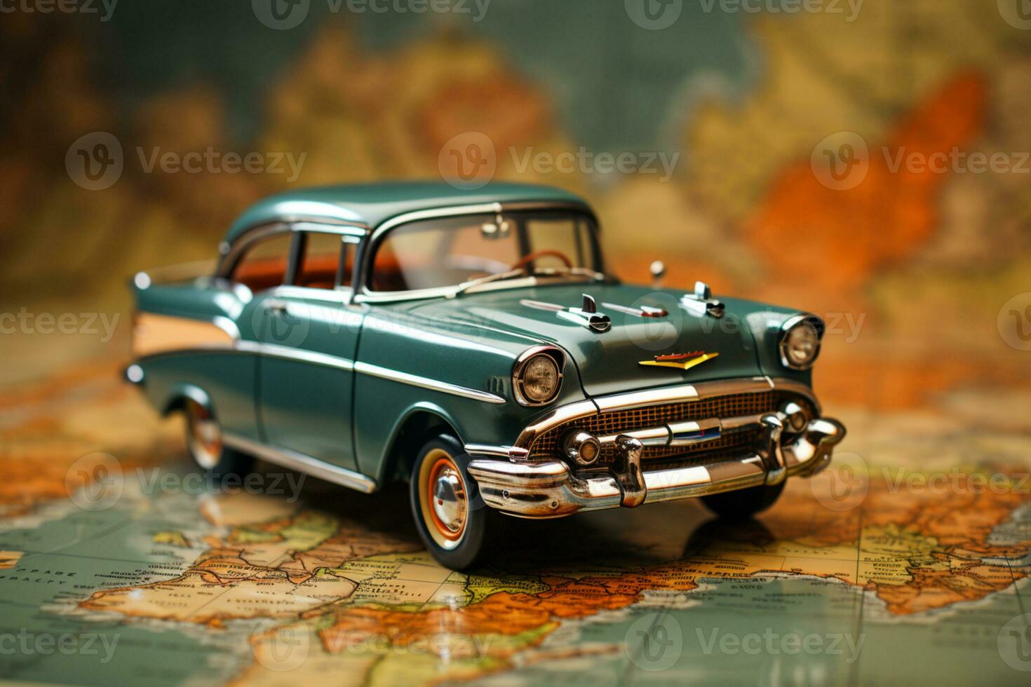 Nostalgic road trip, vintage car on an open map, selective focus  AI Generated photo