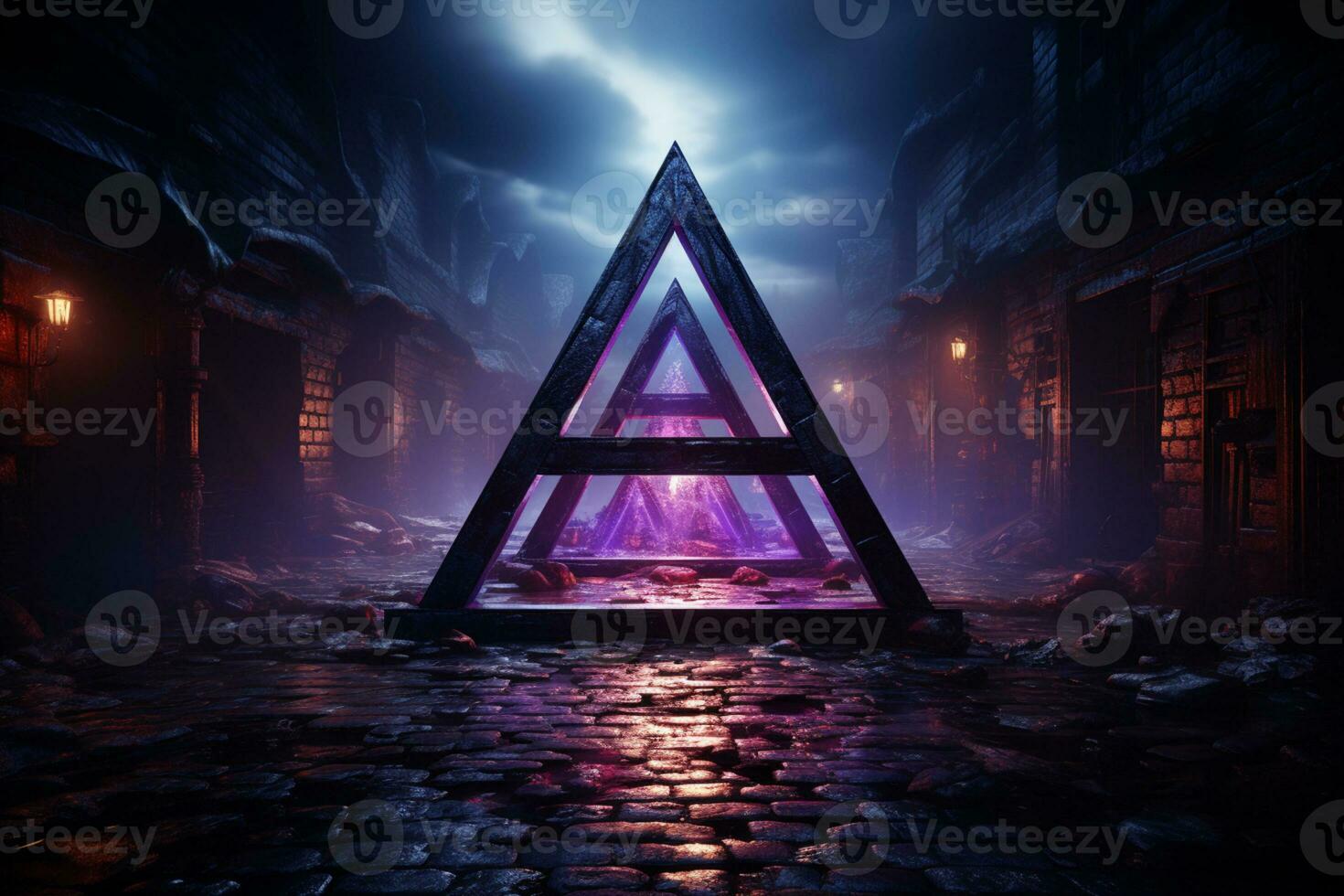 Illuminated Valknut symbol Cyan extrusion on a cinematic purple background AI Generated photo