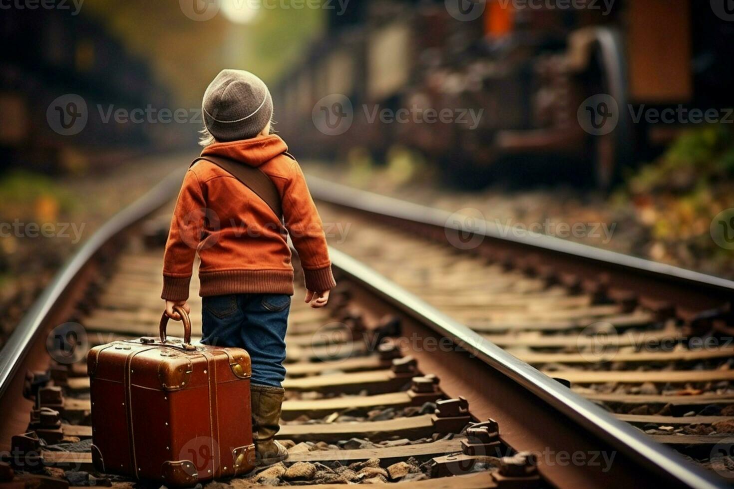 A small adventurer with a suitcase, embarking on a journey along the railroad AI Generated photo