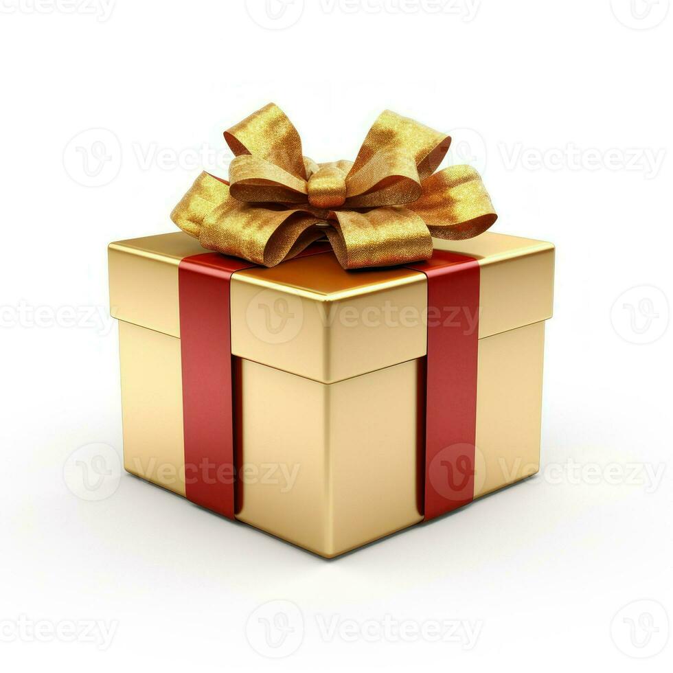 Golden gift box with red ribbon, generative ai photo