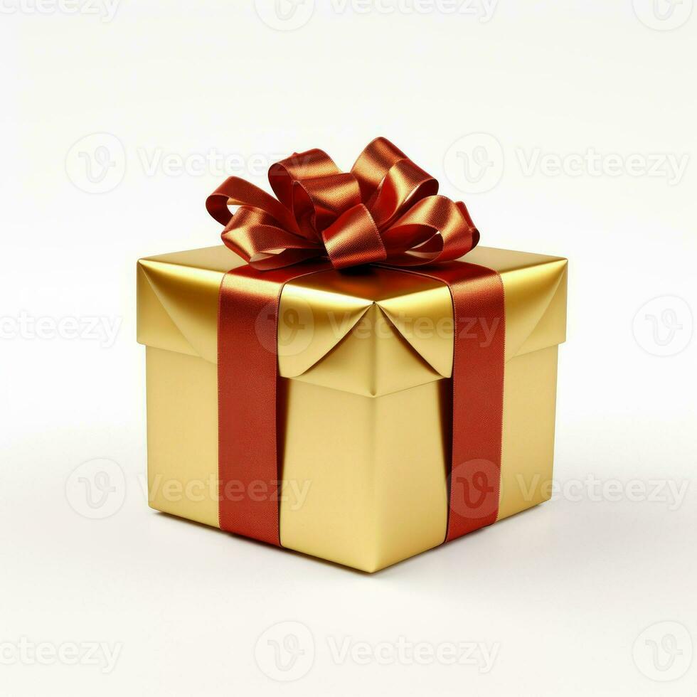 Golden gift box with red ribbon, generative ai photo