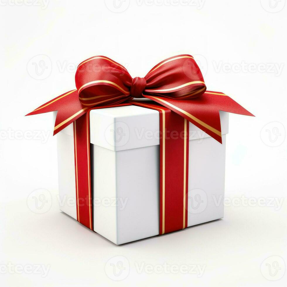 White gift box with red ribbon bow, generative ai photo