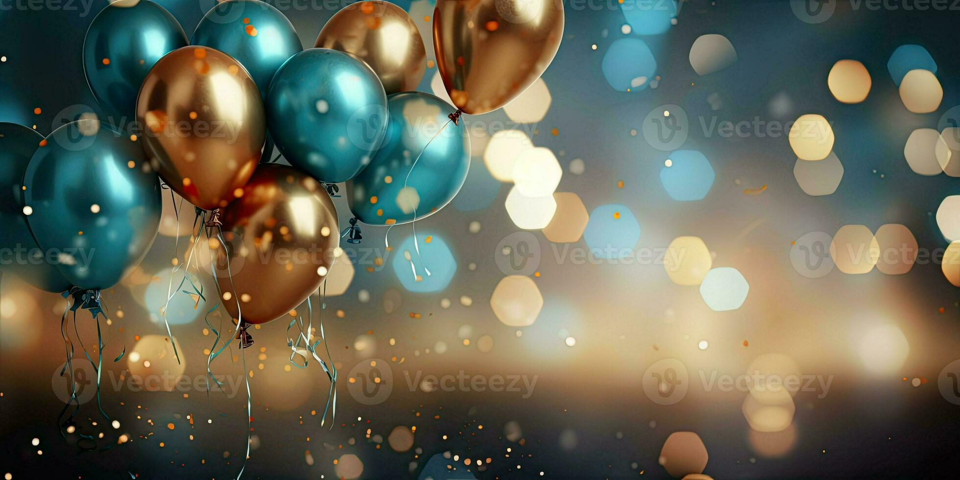 Realistic Festive background with golden and blue balloons falling confetti blurry background and a bokeh lights, generative ai photo