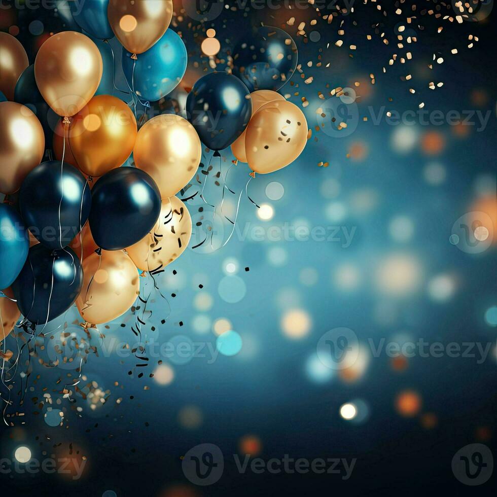 Realistic Festive background with golden and blue balloons falling confetti blurry background and a bokeh lights, generative ai photo