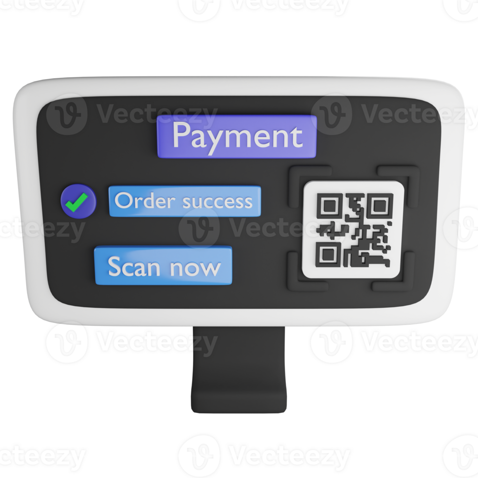 Payment by QR code on computer clipart flat design icon isolated on transparent background, 3D render online shopping concept png