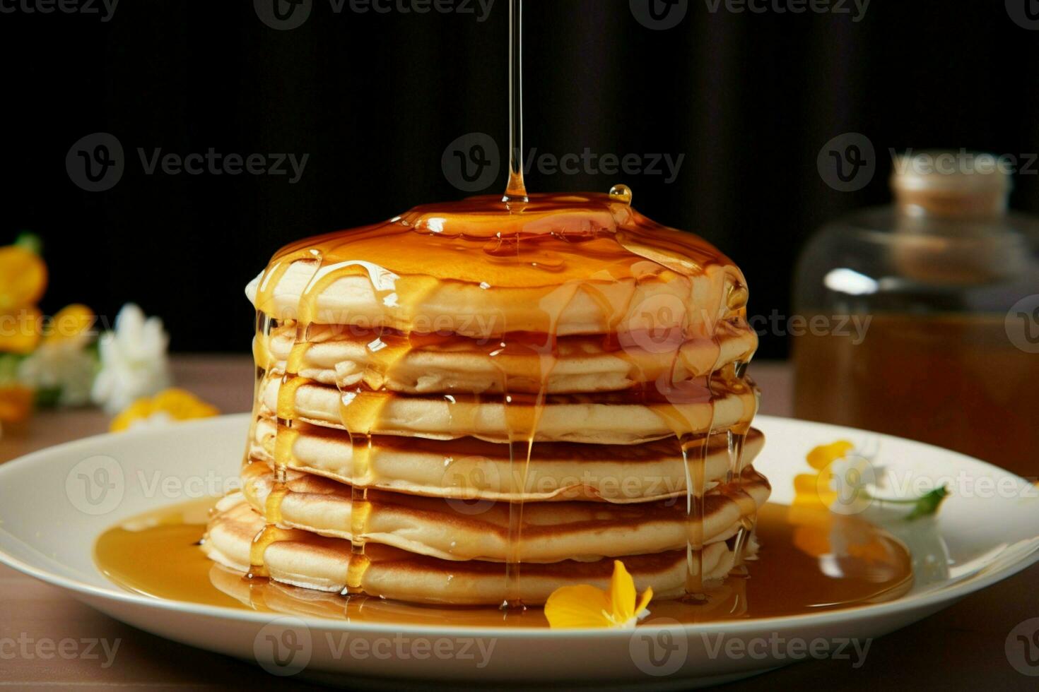 Artful editorial pancakes adorned with melting honey a sensory indulgence to savor AI Generated photo