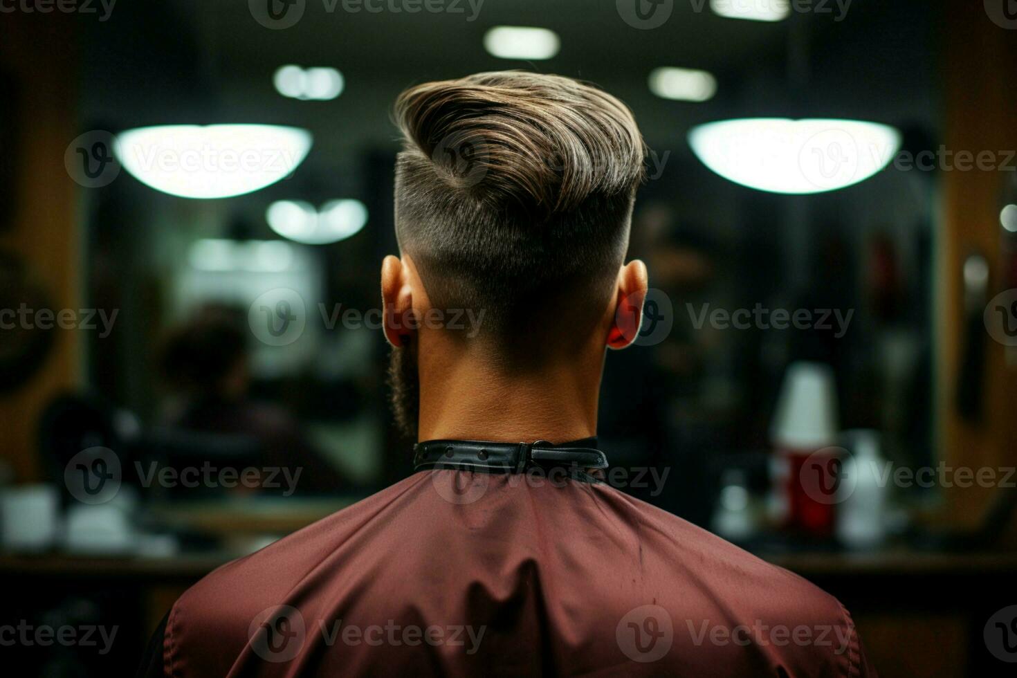 Precise cut Rear view as male receives haircut, background softly blurred AI Generated photo