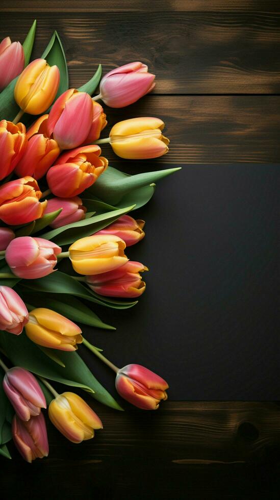 Colored tulips and blank paper set on a wooden background Vertical Mobile Wallpaper AI Generated photo