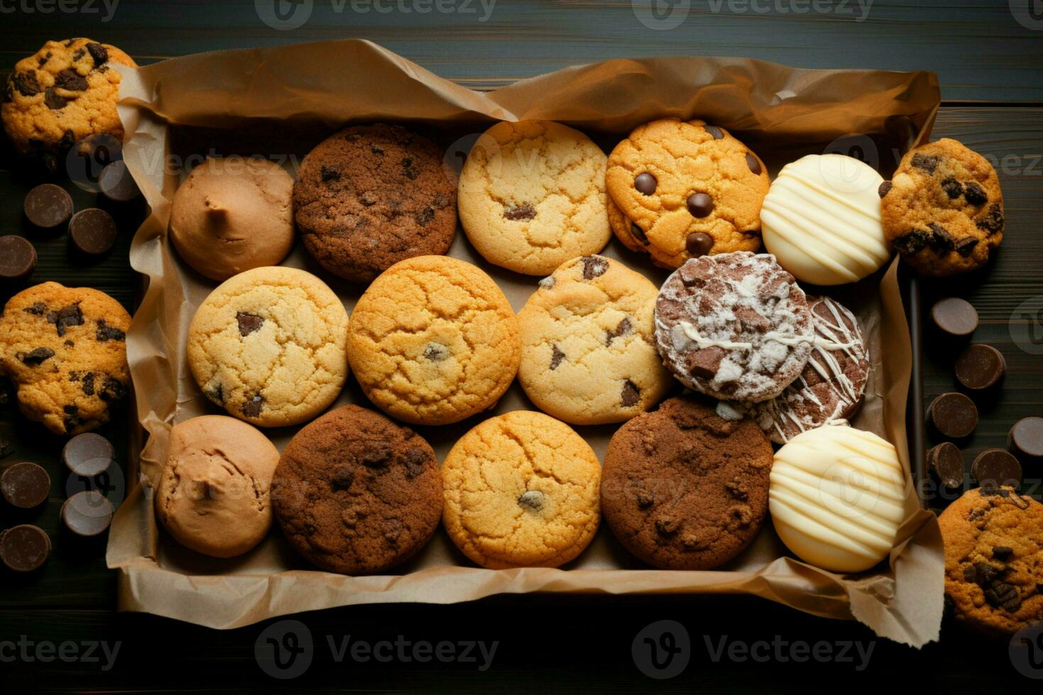 Flat lay perfection a delectable array of cookies elegantly framed and captured AI Generated photo