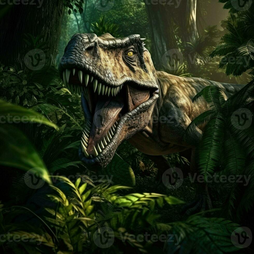 tiranosaurio, tirano saurio Rex en el bosque fondo, generativo ai foto
