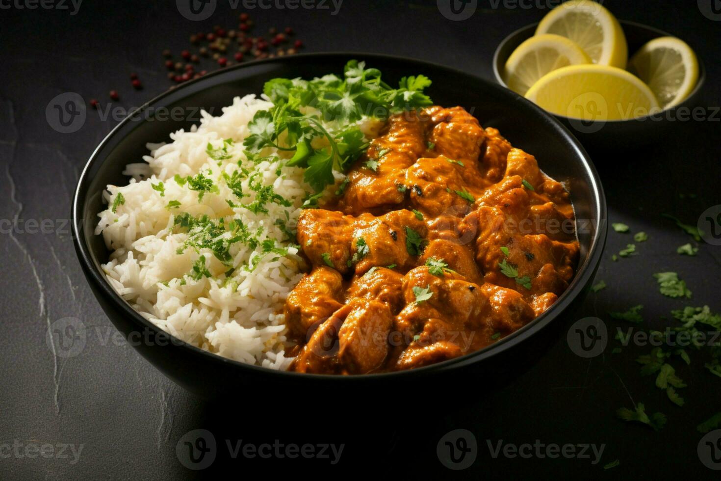Rich indulgence Indian butter chicken in a black bowl against a dark backdrop AI Generated photo