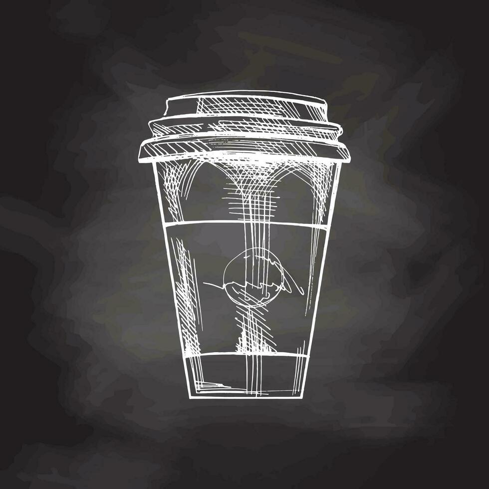 dibujado a mano bosquejo de café para llevar taza en pizarra antecedentes. garabatear ilustración. ecología concepto. vector. vector