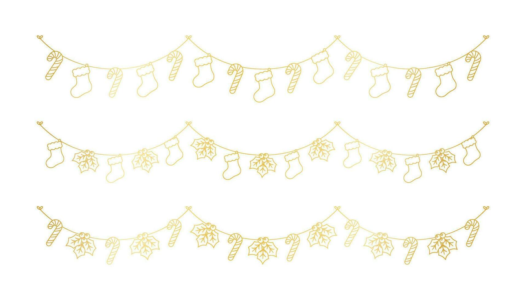 Set of gold Christmas and winter decoration garland outline doodle. Holiday decoration elements collection. Santa stockings, mistletoe, ornaments, candy cane. Vector Illustration.