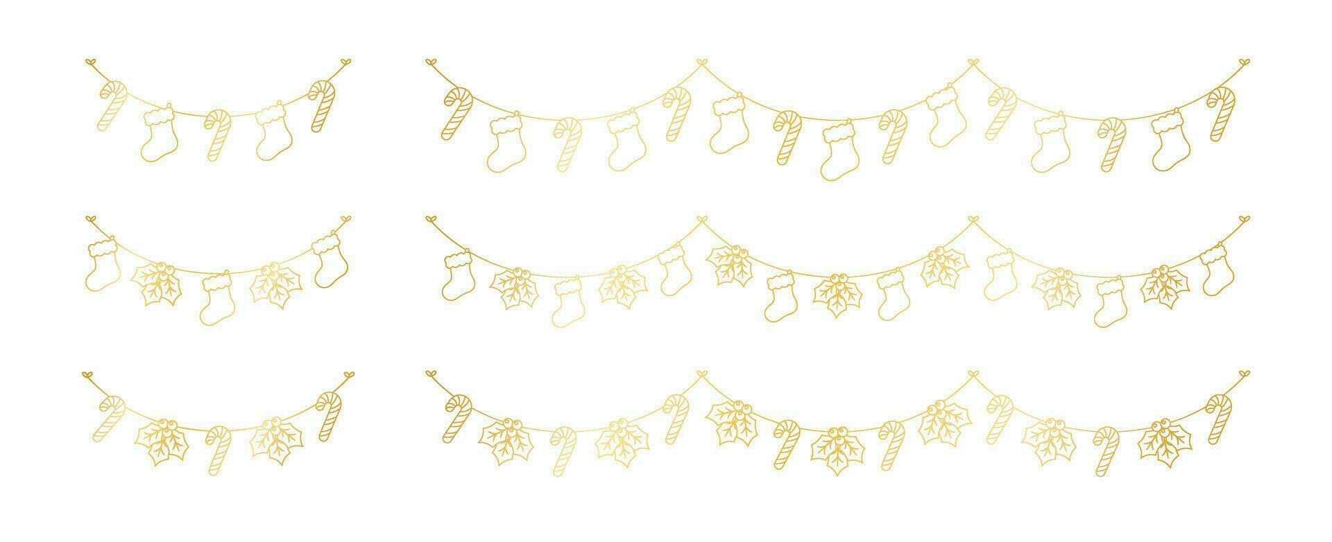 Set of gold Christmas and winter decoration garland outline doodle. Holiday decoration elements collection. Santa stockings, mistletoe, ornaments, candy cane. Vector Illustration.