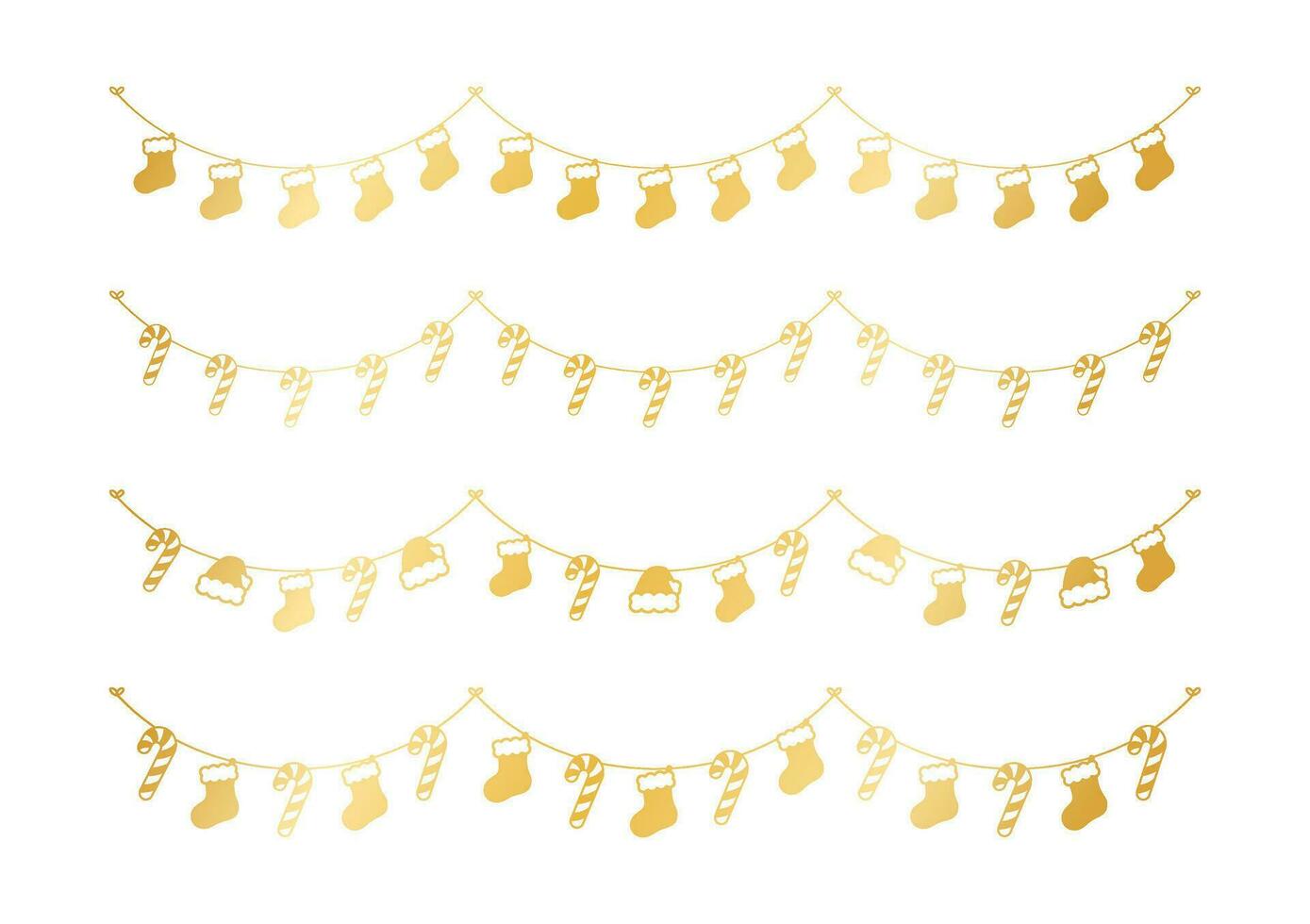 Set of gold Christmas and winter decoration garland silhouette. Holiday decoration elements collection. Santa hat, stockings, mistletoe, ornaments, candy cane. Vector Illustration.