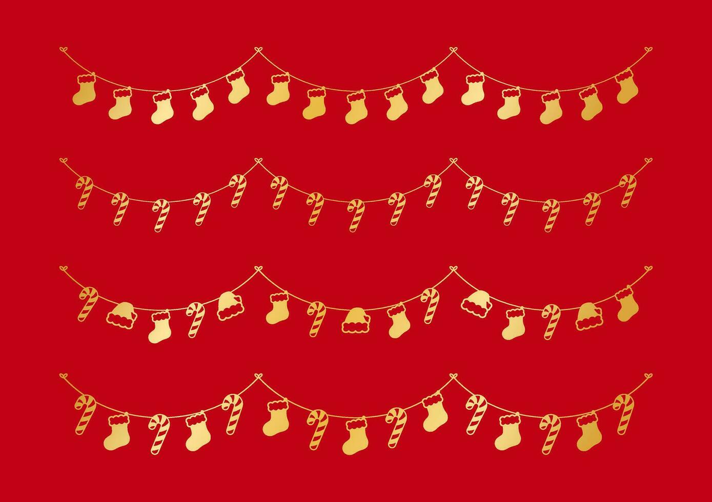 Set of gold Christmas and winter decoration garland silhouette. Holiday decoration elements collection. Santa hat, stockings, mistletoe, ornaments, candy cane. Vector Illustration.