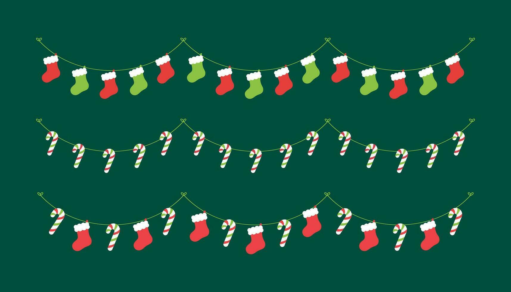 Set of Christmas and winter holiday decoration garland. Christmas decoration elements collection. Santa sock, stocking, candy cane pattern. Vector Illustration.