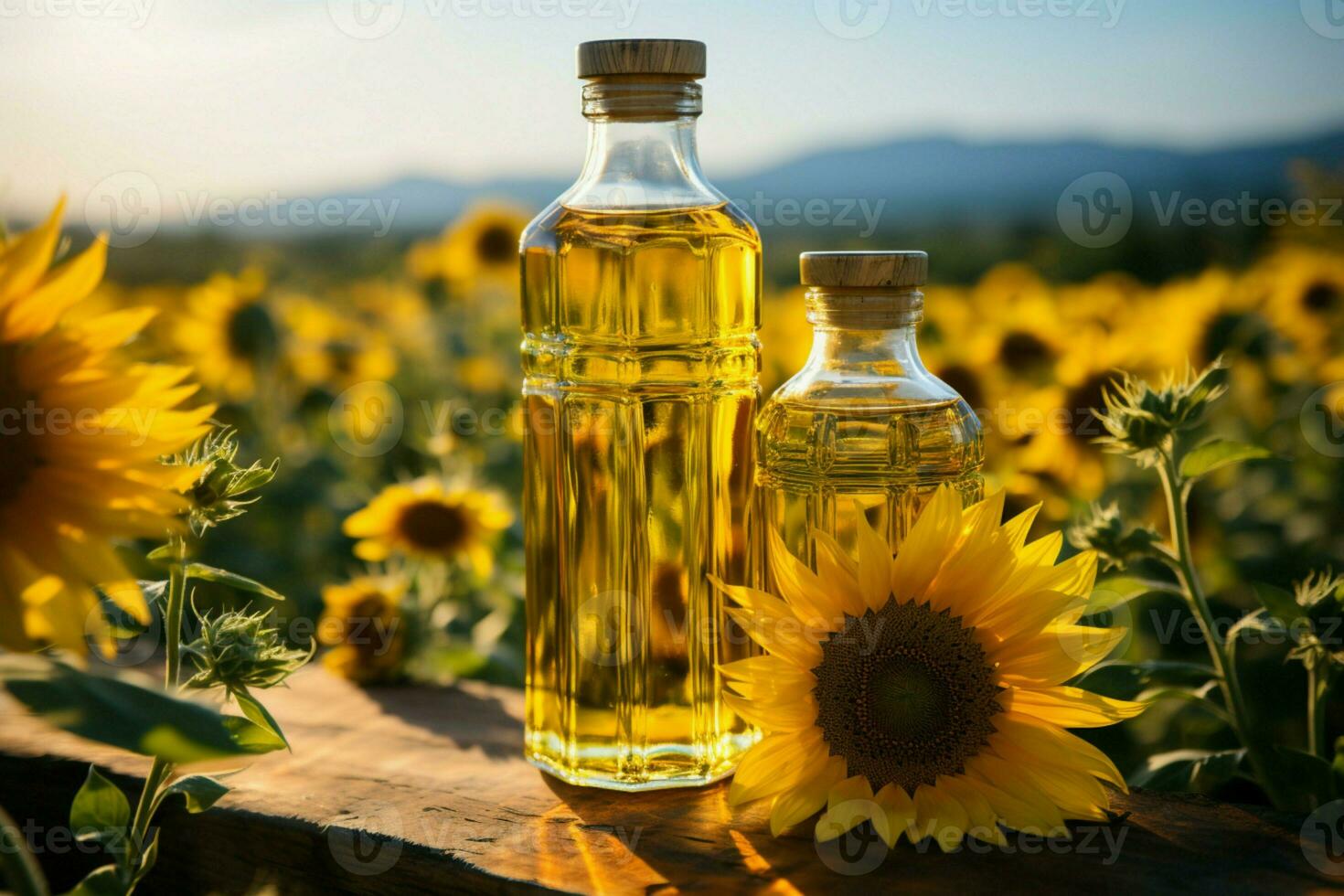 de la naturaleza belleza capturado con un girasol petróleo botella en un girasol campo ai generado foto