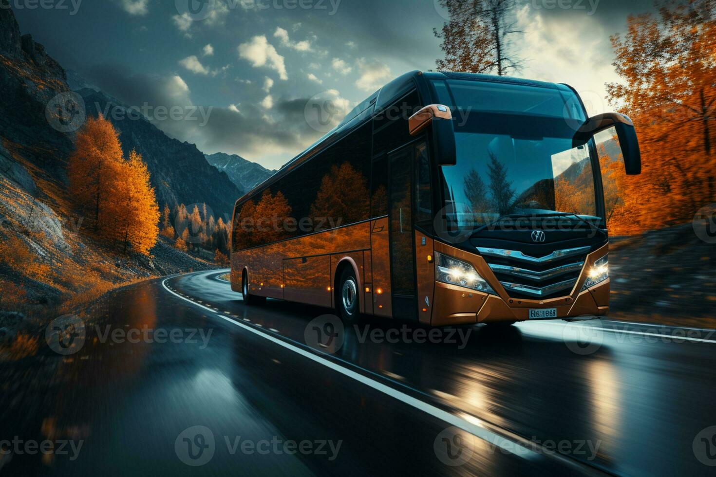 Moving forward, bus travels on road, embracing travel time ambiance  AI Generated photo